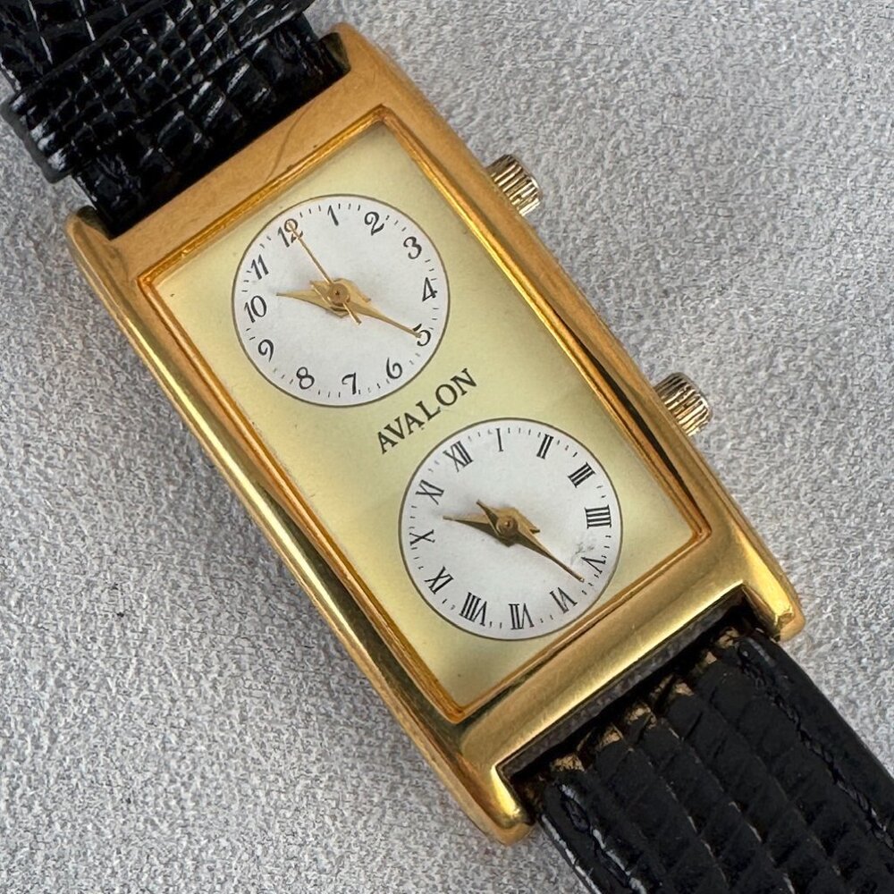 Vintage Gold Avalon Watch Dual Time Coveture Case and Minerial Crystal